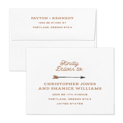 Happy Campers Save the Date Magnet Envelopes White Terracotta Both Recipient and Return Addresses Signature Standard