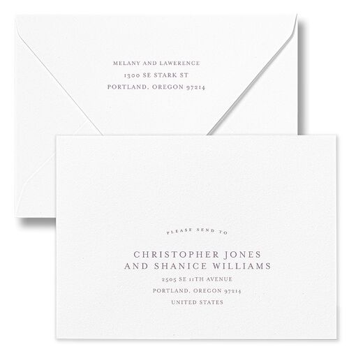 Floral Adornment Save The Date Card Euro Envelopes White Purple Haze Both Recipient and Return Addresses Luxe Signature