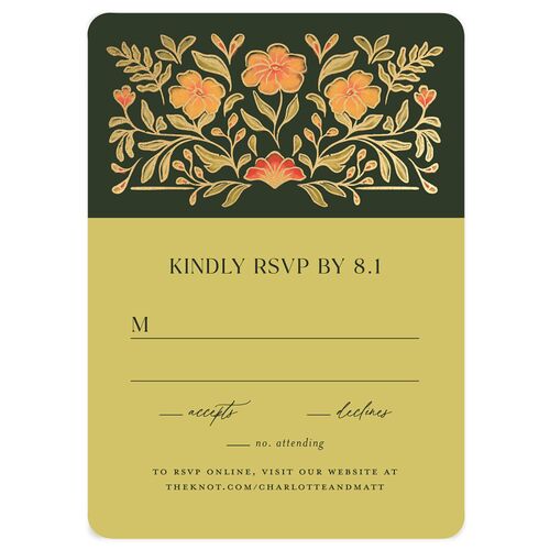 Botanical Textile Foil Wedding Response Cards Gold Hunter Green Signature Rounded