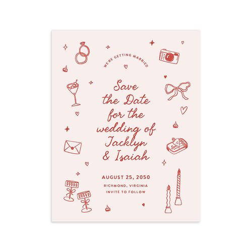 Hand Drawn Wedding Icons Photo Save the Date Petite Cards Soft Pink Signature smooth Blank No Standard