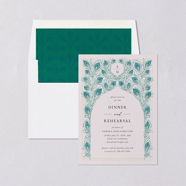 Peacock Nouveau Rehearsal Dinner Invitations Linen Signature Blank Standard