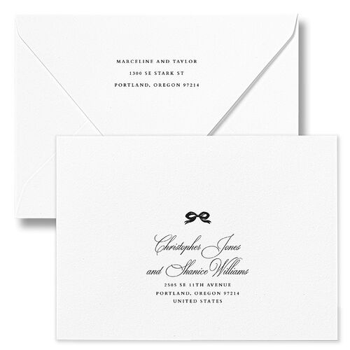 Classic Champagne with Bows Wedding Invitation Euro Envelopes White Midnight Both Recipient and Return Addresses Luxe Signature