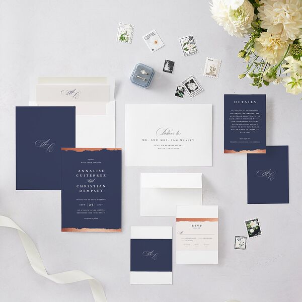 Elegant Edge Wedding Invitations Rose Gold Moody Blue Signature Blank No