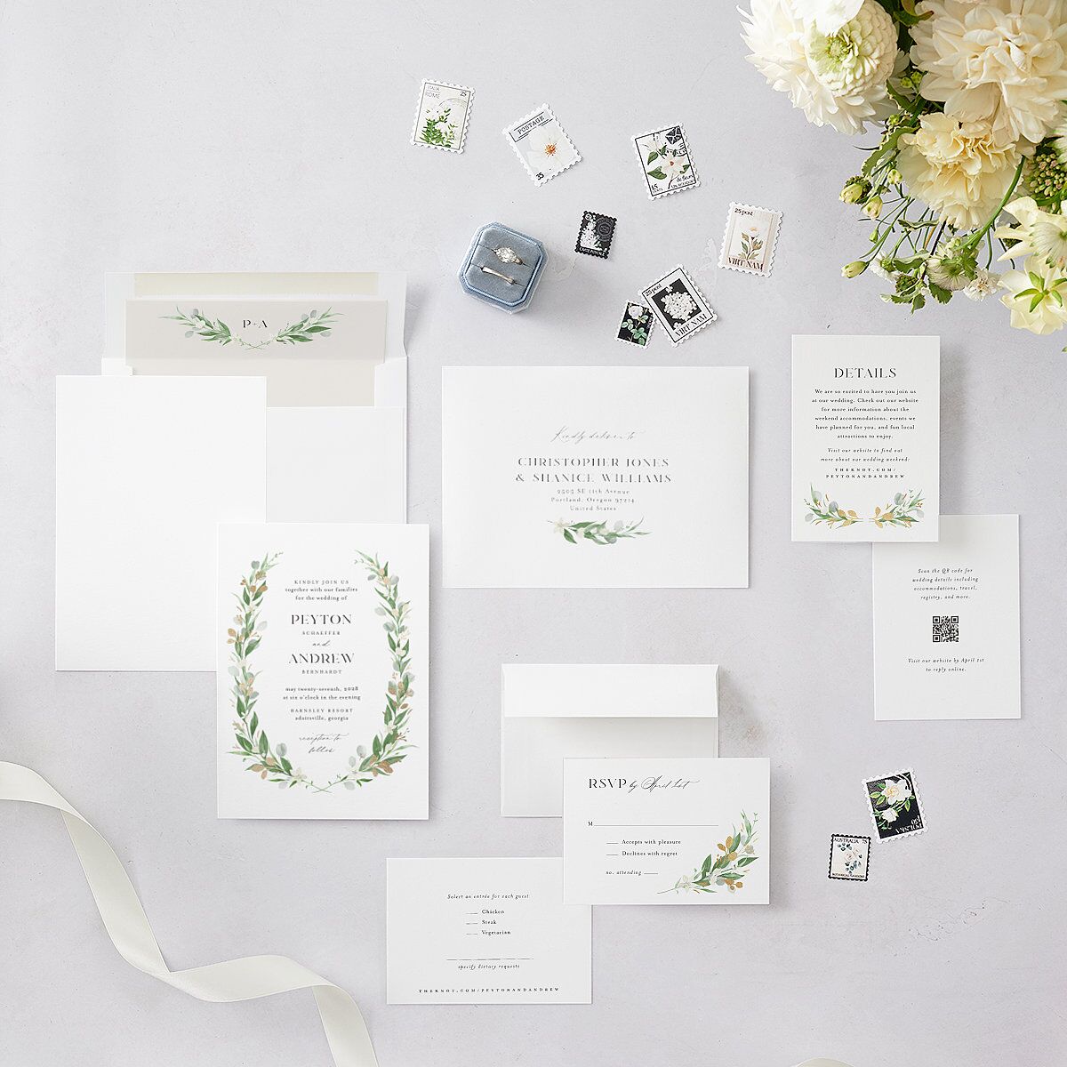 Greenery Laurel Foil Wedding Invitations Pure White Gold Signature Blank No Standard