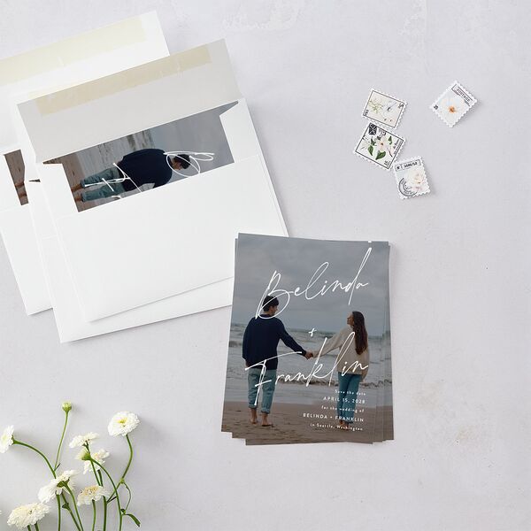Modern Script Names Save the Date Petite Cards Shadow Gray Signature smooth Blank No Standard