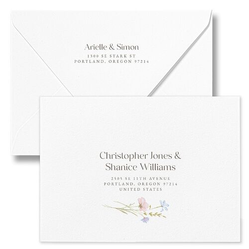 Wildflower Photo Save The Date Card Euro Envelopes White Lilac Both Recipient and Return Addresses Luxe Signature