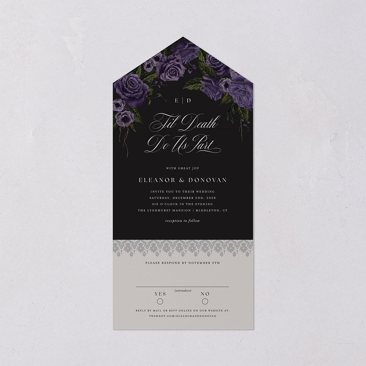 Dark Gothic Roses All-in-One Wedding Invitations Regency Signature Light Both Recipient and Return Addresses No