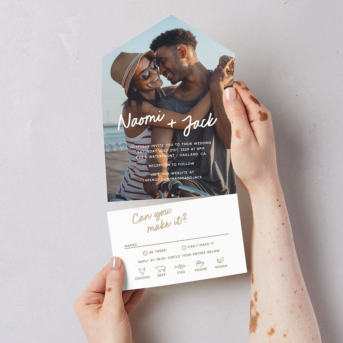 Color Pop Retro Photo All-in-One Wedding Invitations Sand Signature Light Both Recipient and Return Addresses No