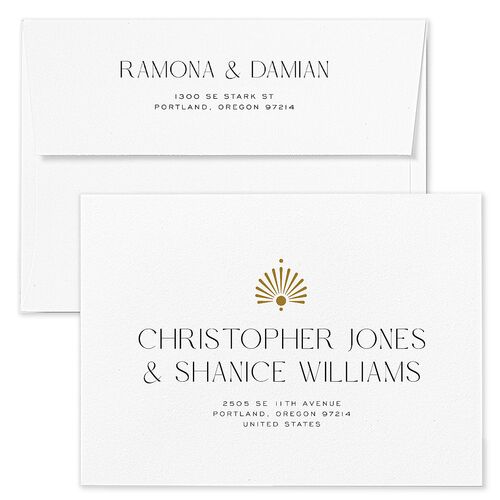 Modern Deco Save The Date Card Envelopes Blue Standard Charcoal Both Recipient and Return Addresses Signature