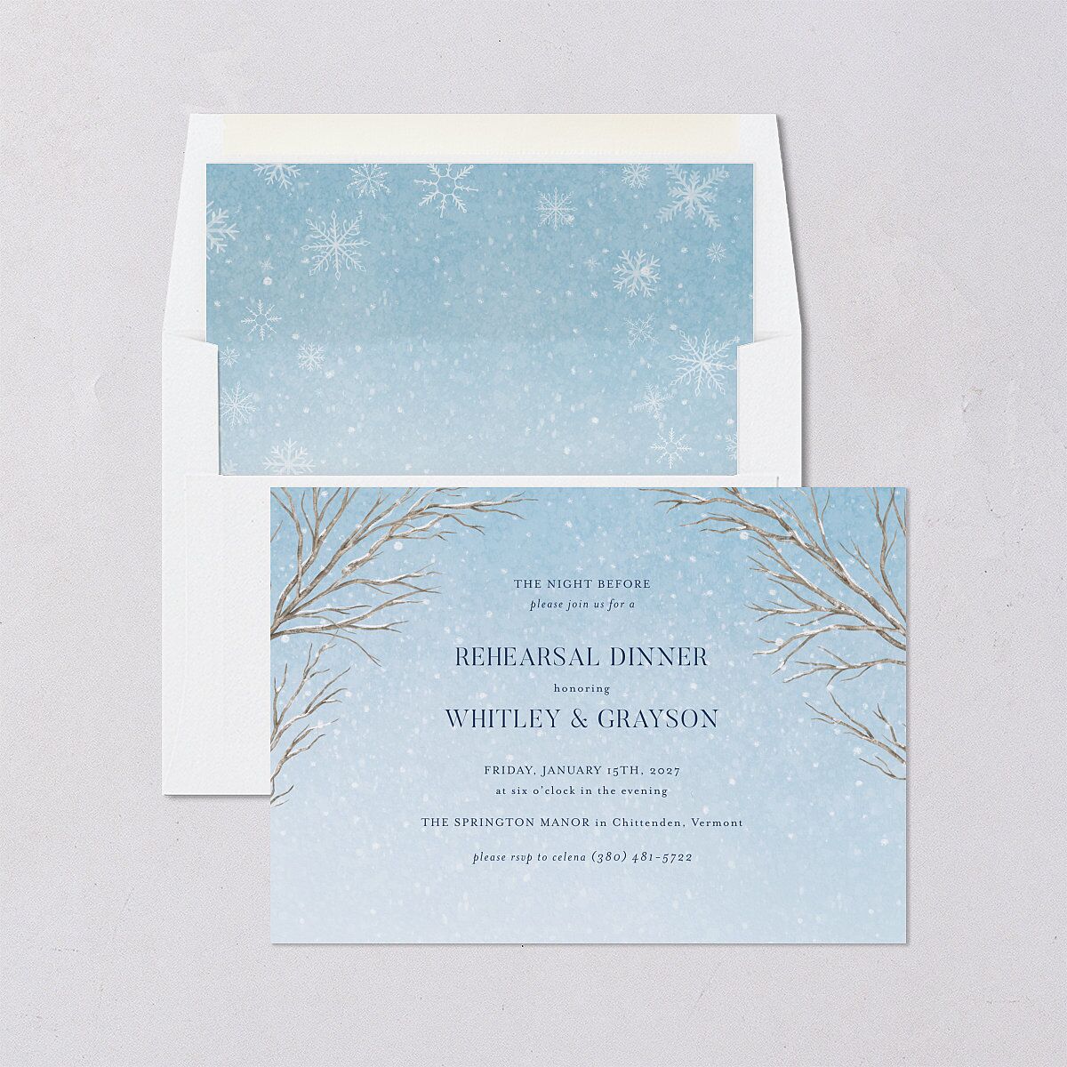 Snowflake Branches Rehearsal Dinner Invitations Baby Blue Signature Blank