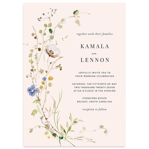 Glistening Wildflower Foil Wedding Invitations Gold Soft Pink Signature Blank No Standard