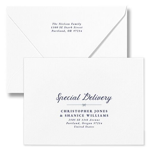 Vintage Bow Pattern Photo Holiday Card Euro Envelopes White Navy Both Recipient and Return Addresses Luxe Signature
