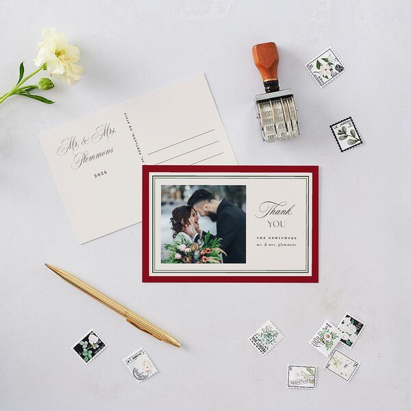 Classic Border First Married Christmas Thank You Postcards Ruby