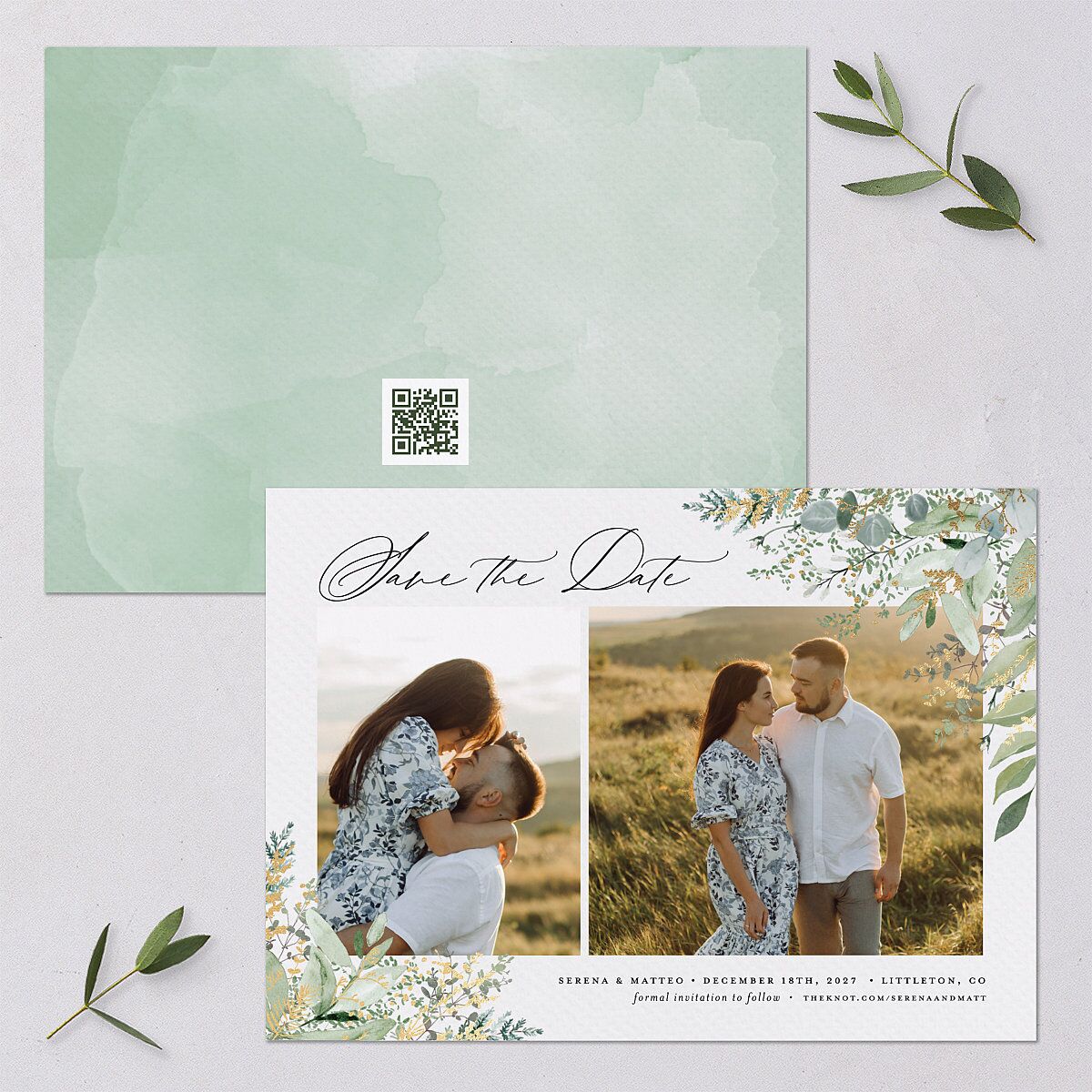 Shining Greenery Save the Date Cards — view 1