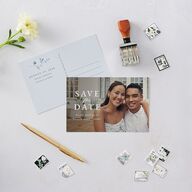 Timeless Floral Save the Date Postcards Dusty Blue