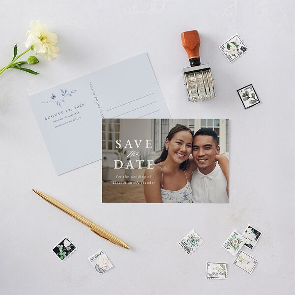Timeless Floral Save the Date Postcards Dusty Blue