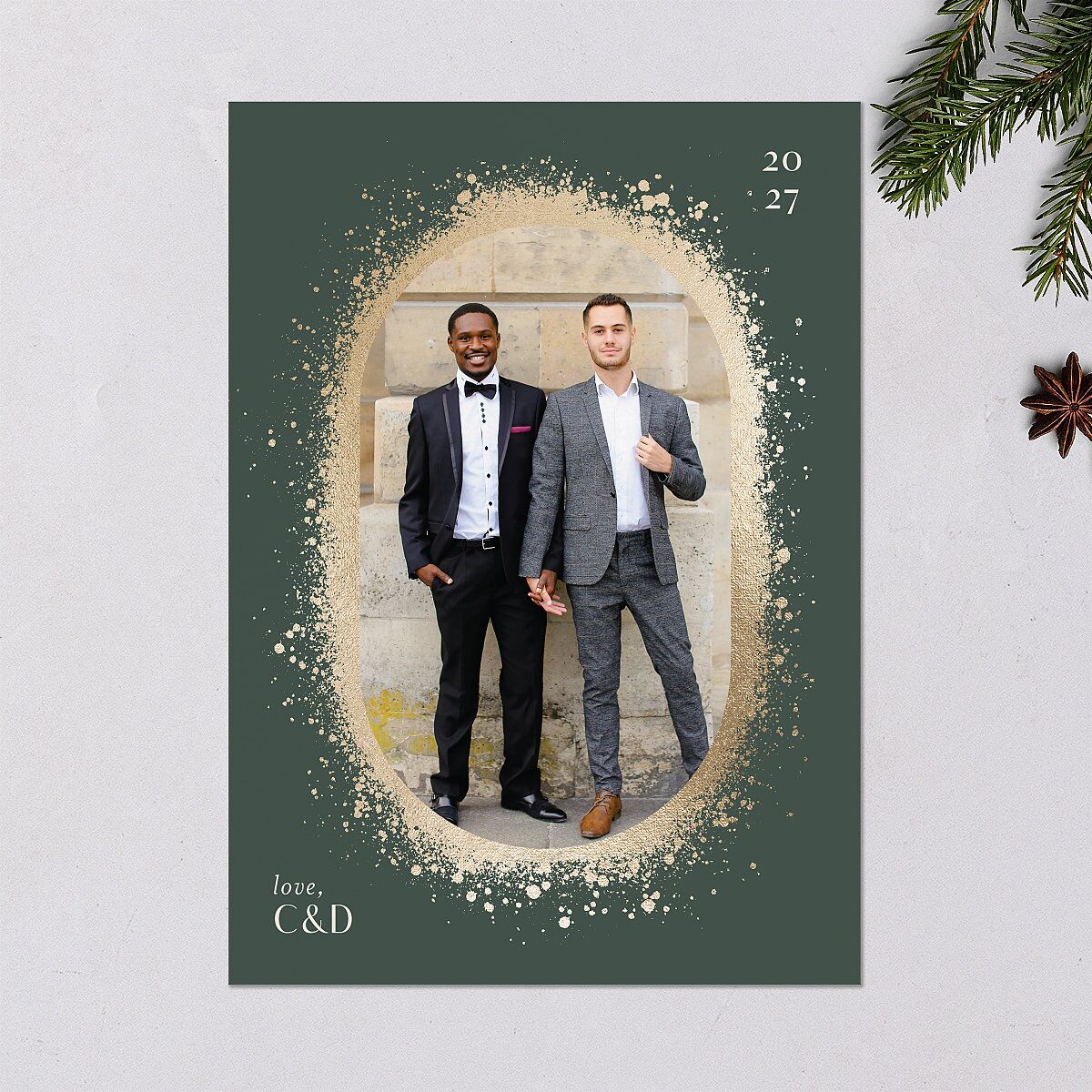 Ring in the New Year Holiday Cards Gold Dark Emerald Signature Blank Standard Portrait