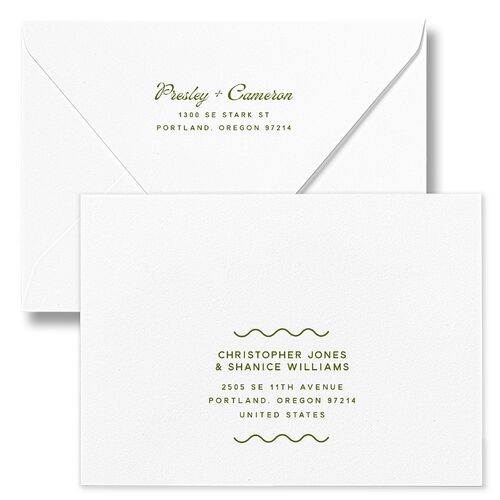 Cabana Stripes Rehearsal Dinner Invitation Euro Envelopes Olive Luxe White Both Recipient and Return Addresses Signature