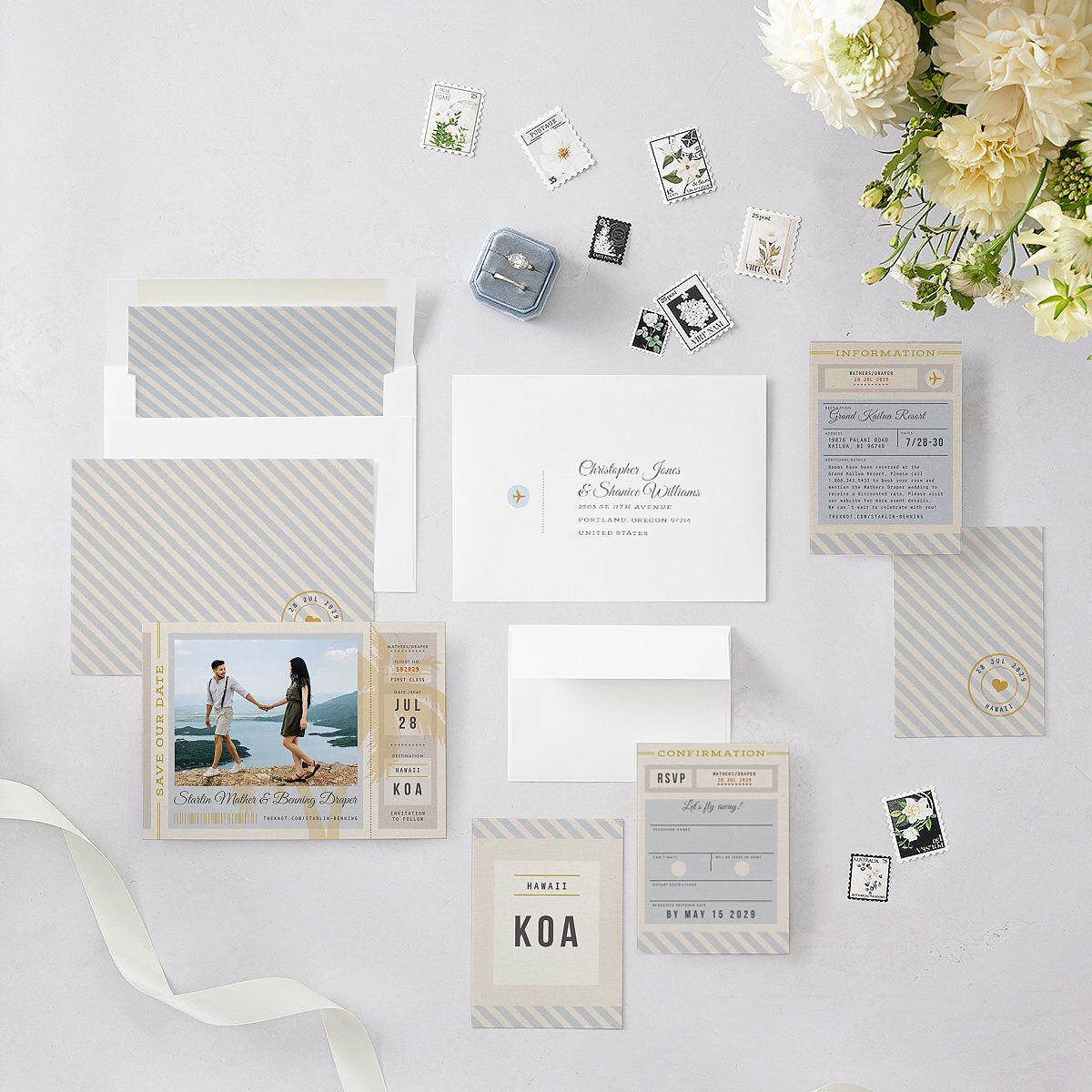 Retro Boarding Pass Travel Ticket Save The Date Cards Slate Signature smooth Blank No Standard