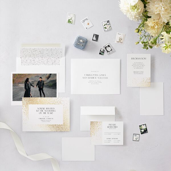 Shimmering Frame Save The Date Cards Gold Off-White Signature smooth Blank No Standard