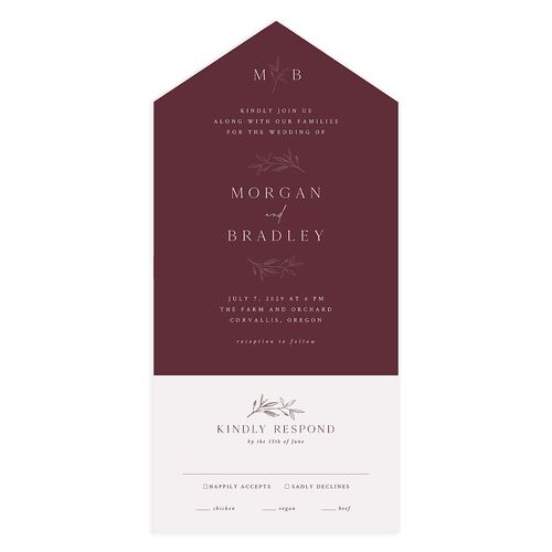Botanical Accent Foil All-in-One Wedding Invitations Merlot Signature Light Both Recipient and Return Addresses No