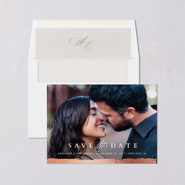 Elegant Edge Save The Date Cards Rose Gold Merlot Signature smooth Blank No Standard