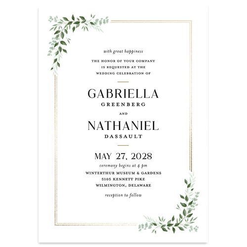 Greenery Frame Foil Wedding Invitations Gold Pure White Signature Blank No Standard