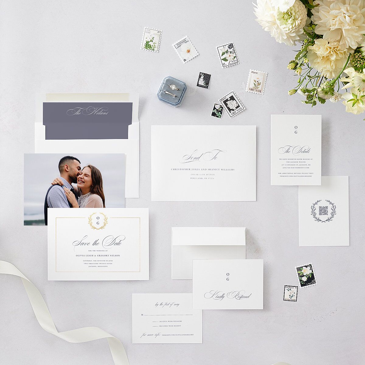 Gilded Wreath Save the Date Cards — view 6