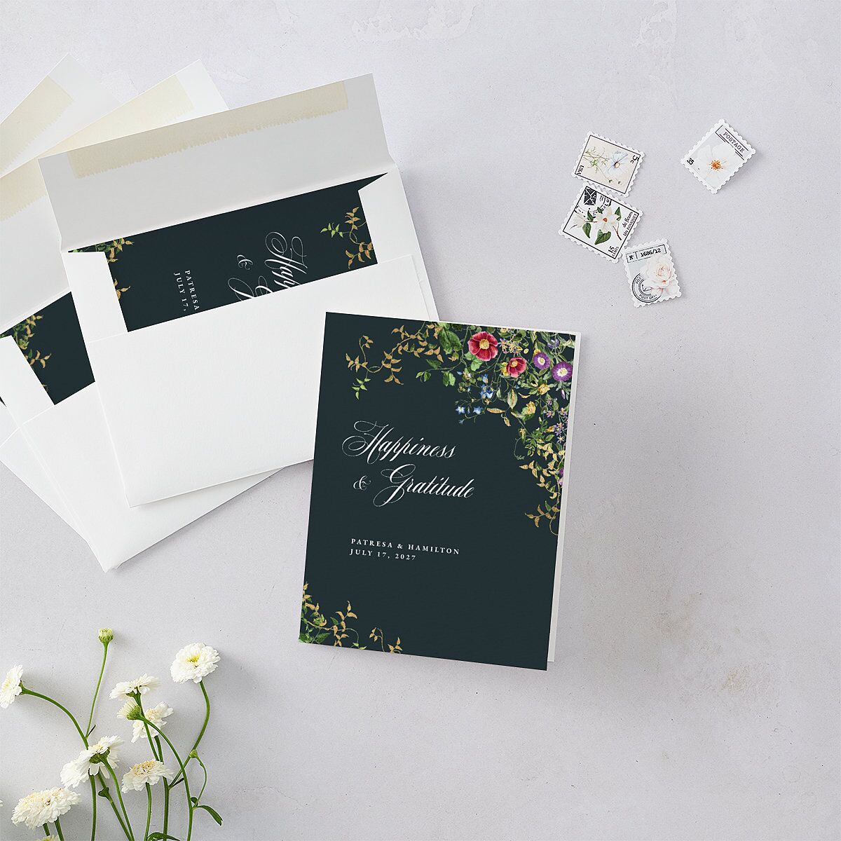 Opulent Garden Foil Thank You Cards Gold Dark Emerald