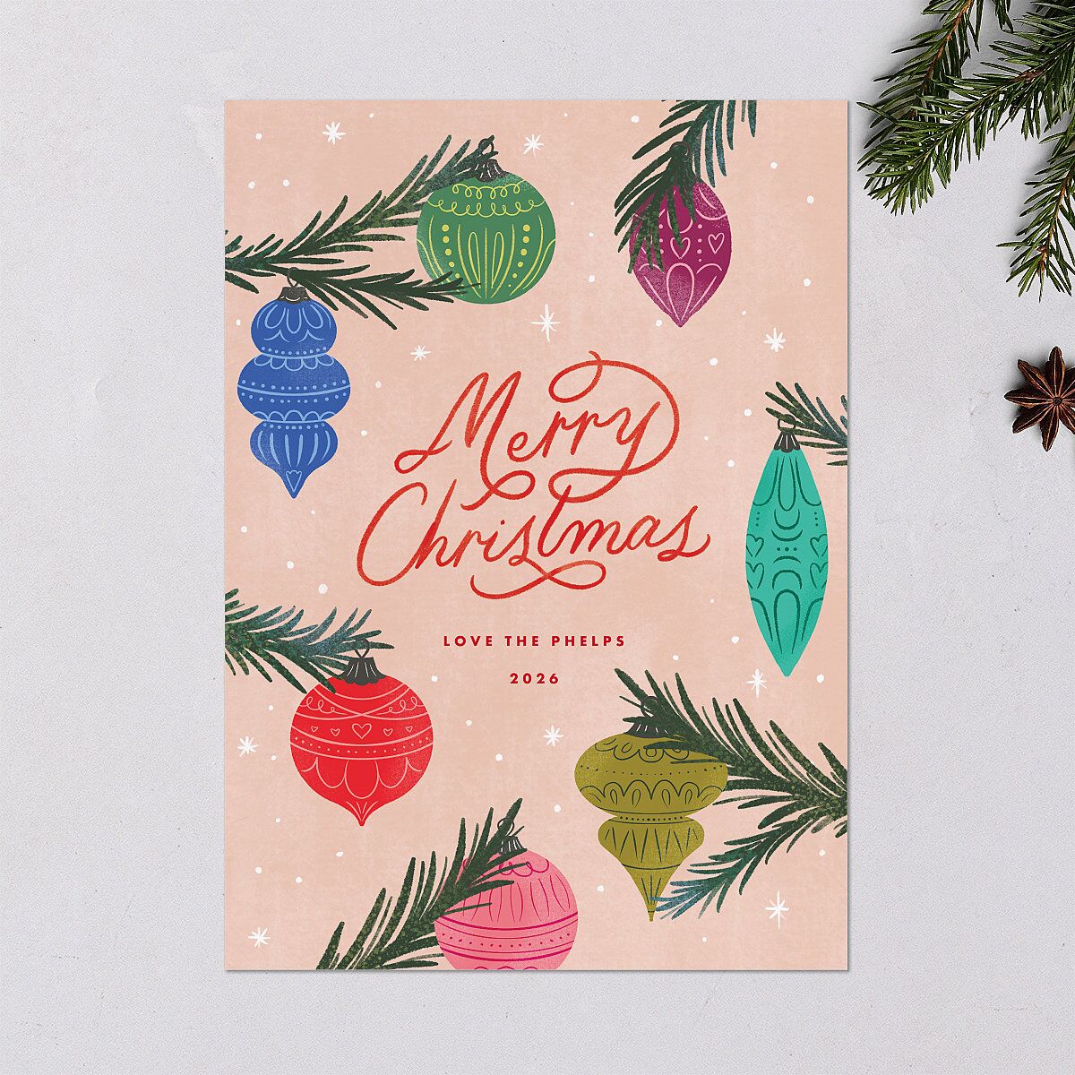 Vintage Christmas Ornaments Holiday Cards Barely Peach Signature Blank Standard