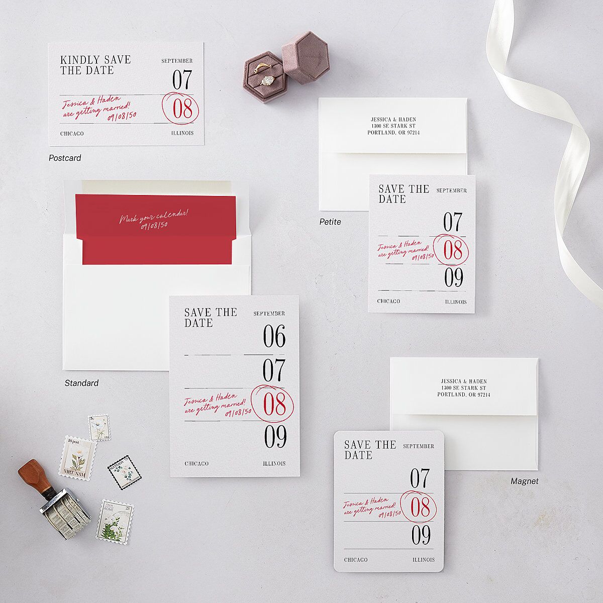 Modern Circled Calendar Date Save the Date Postcards Jewel Red