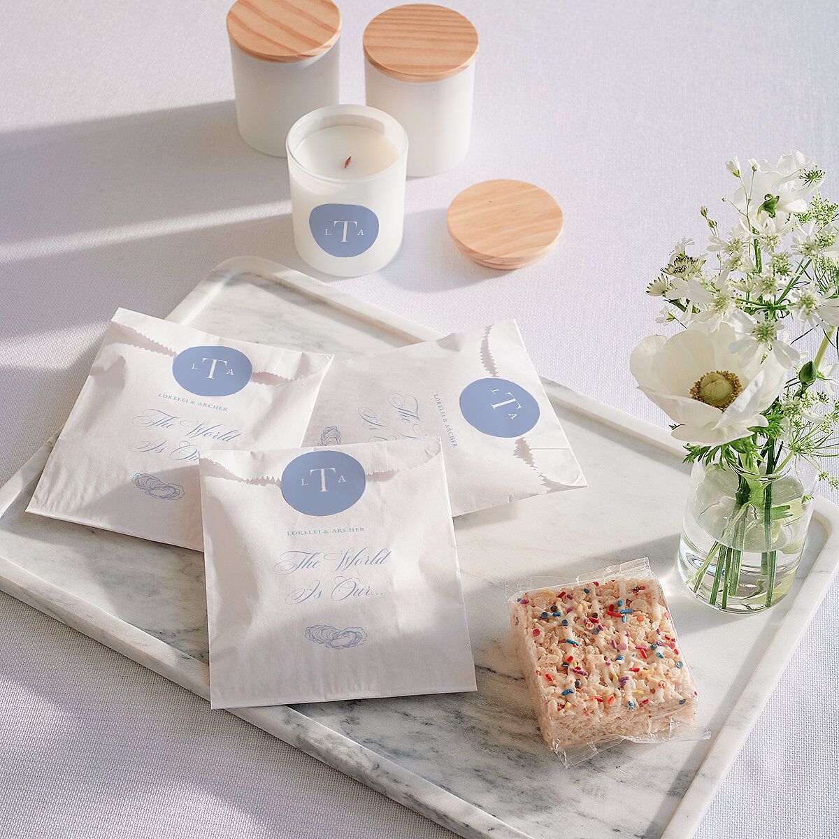 Coastal Oysters and Anchors Wedding Day Paper Favor Bags White Sea Blue Wax-Lined Food Safe Paper