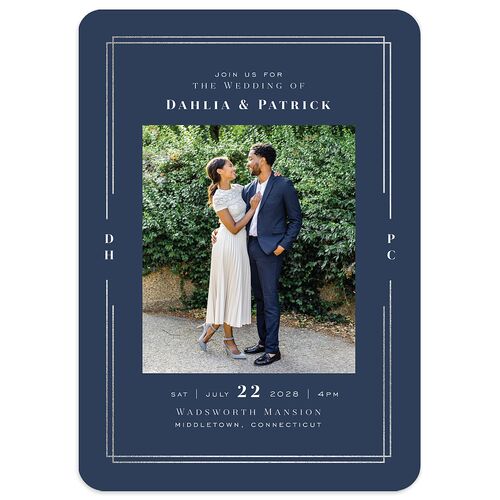 Framed Photo Foil Wedding Invitations Silver Moody Blue Signature Blank No Rounded