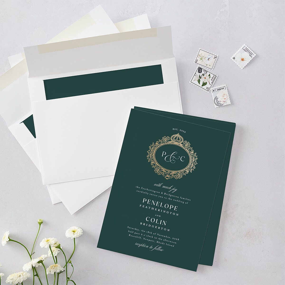 Glamorous Crown Monogram Crest Wedding Invitations by Bridgerton — view 4