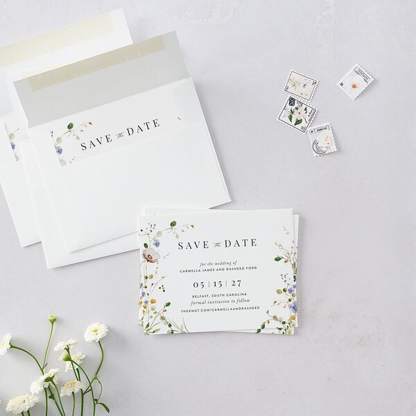 Delicate Wildflower Save the Date Petite Cards Pure White Signature smooth Blank No Standard