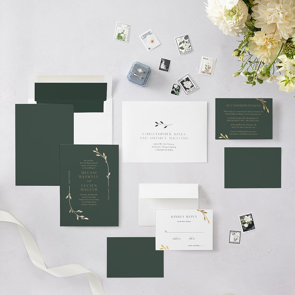 Gilded Sprigs Foil Wedding Invitations Gold Dark Emerald Signature Blank No Standard