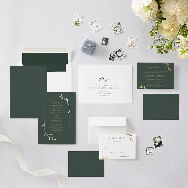 Gilded Sprigs Foil Wedding Invitations Gold Dark Emerald Signature Blank No Standard