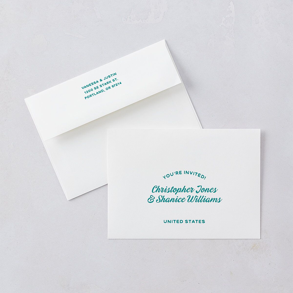 Illustrated Retro Coastal Beach Save The Date Card Envelopes White Turquoise Both Recipient and Return Addresses Signature Standard
