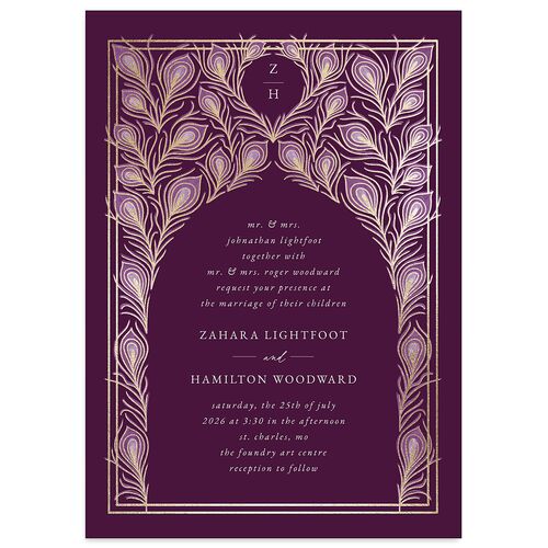 Peacock Nouveau Wedding Invitations Gold Bordeaux Signature Blank No Standard