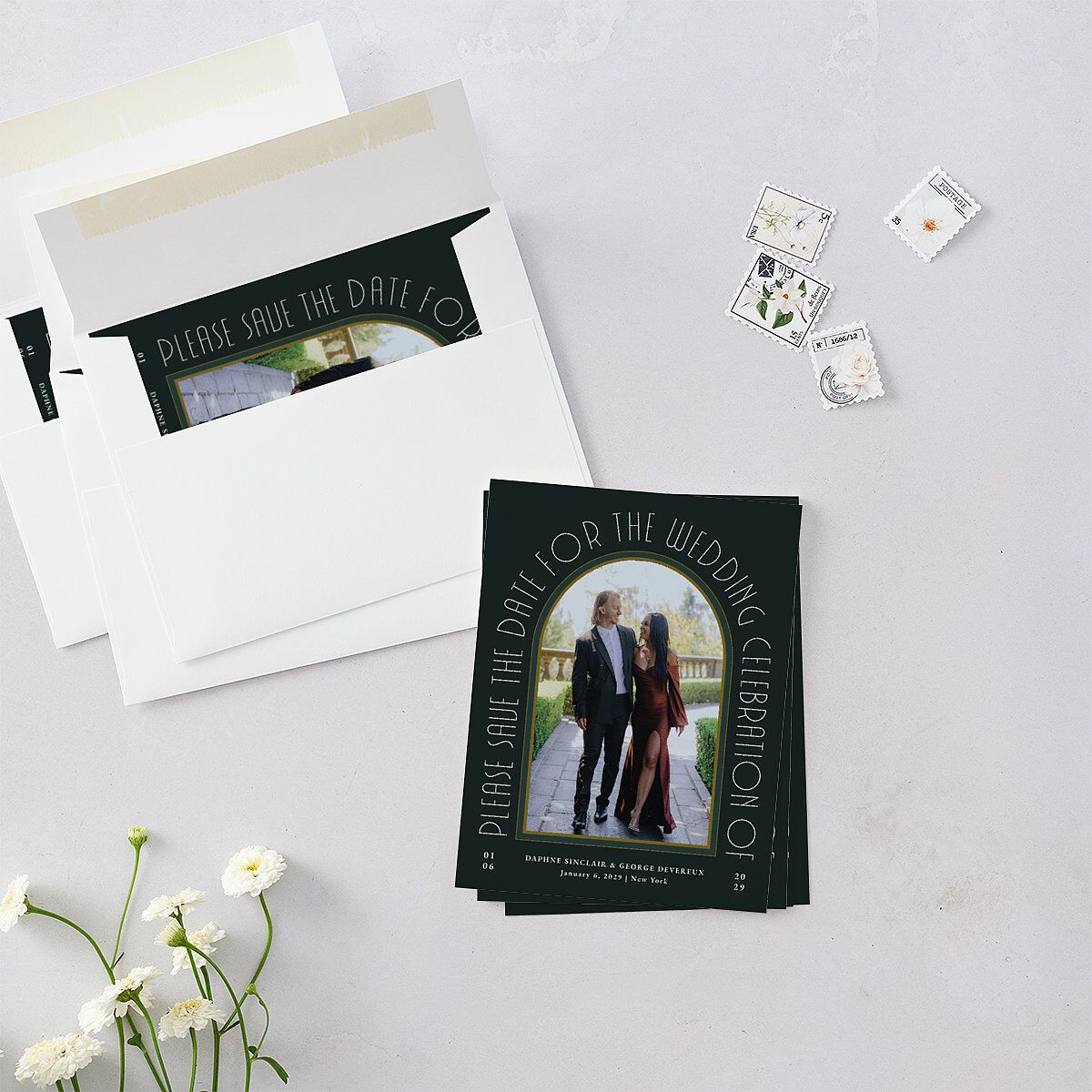 Gatsby Deco Arch Save the Date Petite Cards Dark Emerald Signature smooth Blank No Standard