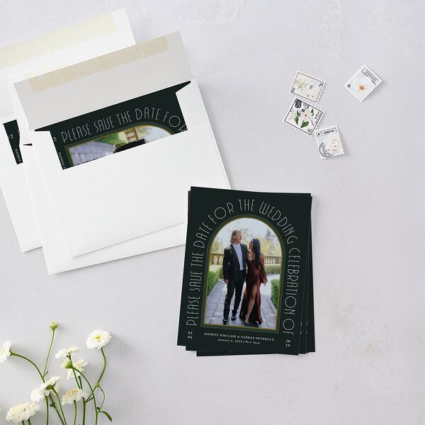 Gatsby Deco Arch Save the Date Petite Cards Dark Emerald Signature smooth Blank No Standard