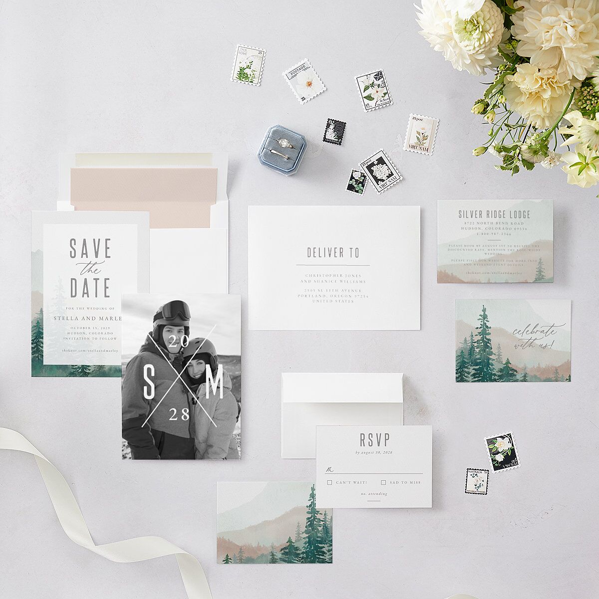 Painted Mountains Save The Date Cards Eucalyptus Signature smooth Blank No Standard
