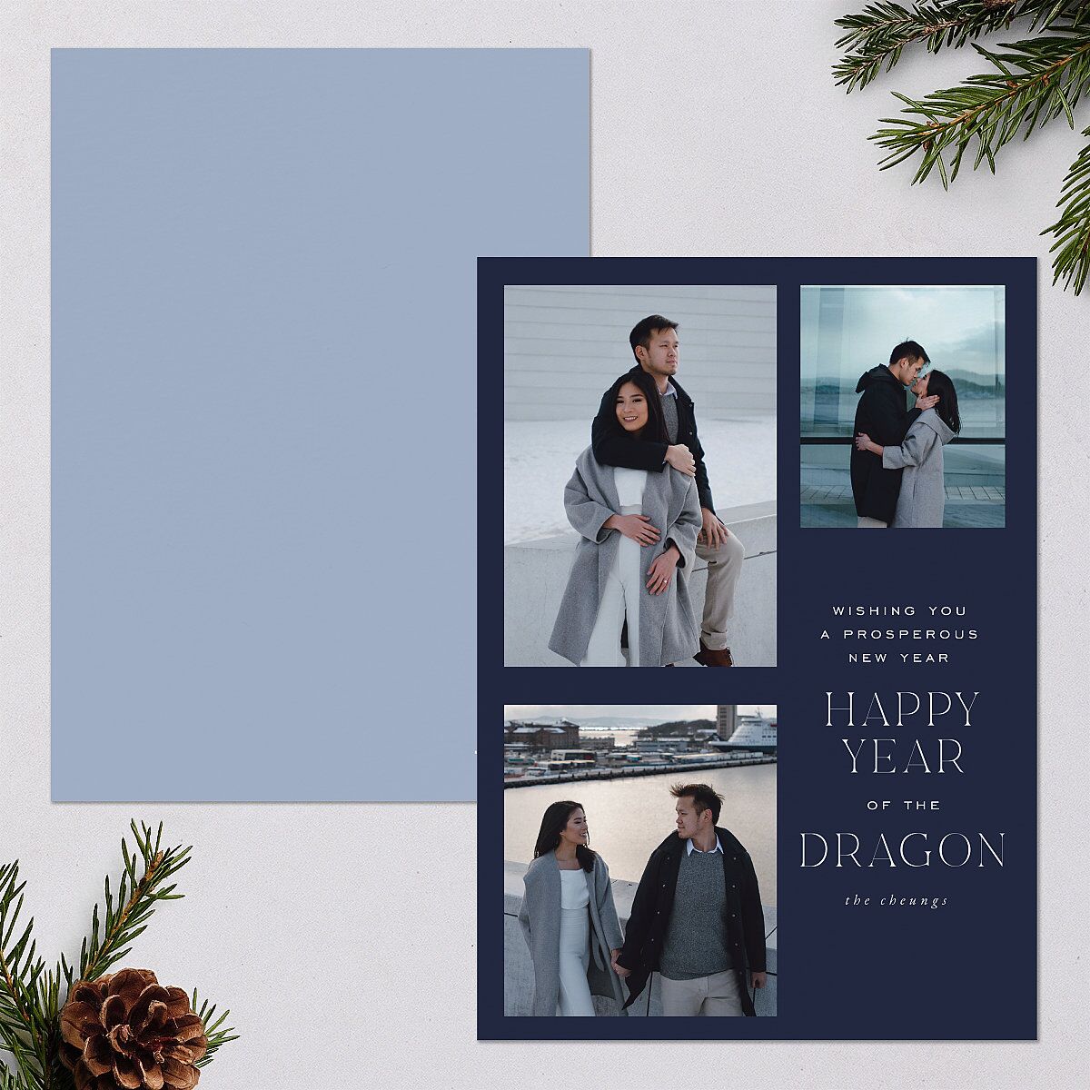 Lunar New Year Grid Holiday Cards Navy Signature Blank Portrait Standard