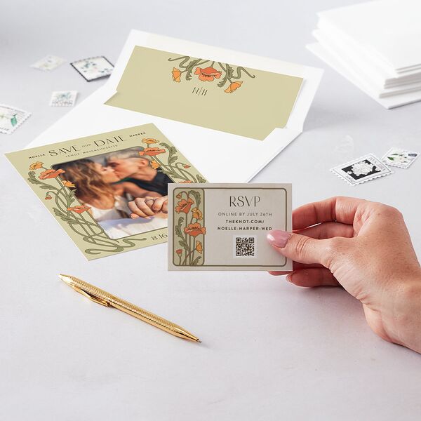 Vintage Nouveau Floral QR Code RSVP Cards Pear Signature Rounded