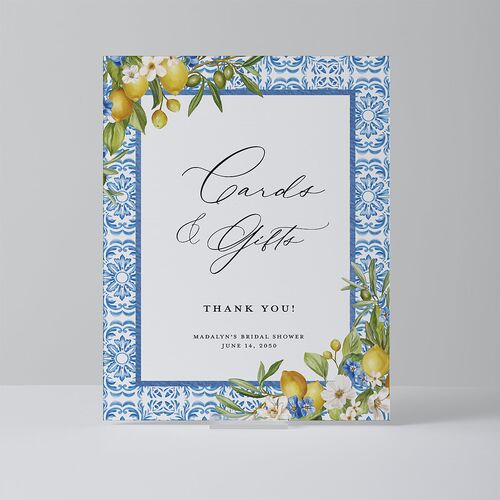 Romantic Italian Coastal Lemons Bridal Shower Standard Favor Tabletop Sign Small Sapphire Standard Outdoor Corrugated S Tabletop Favor