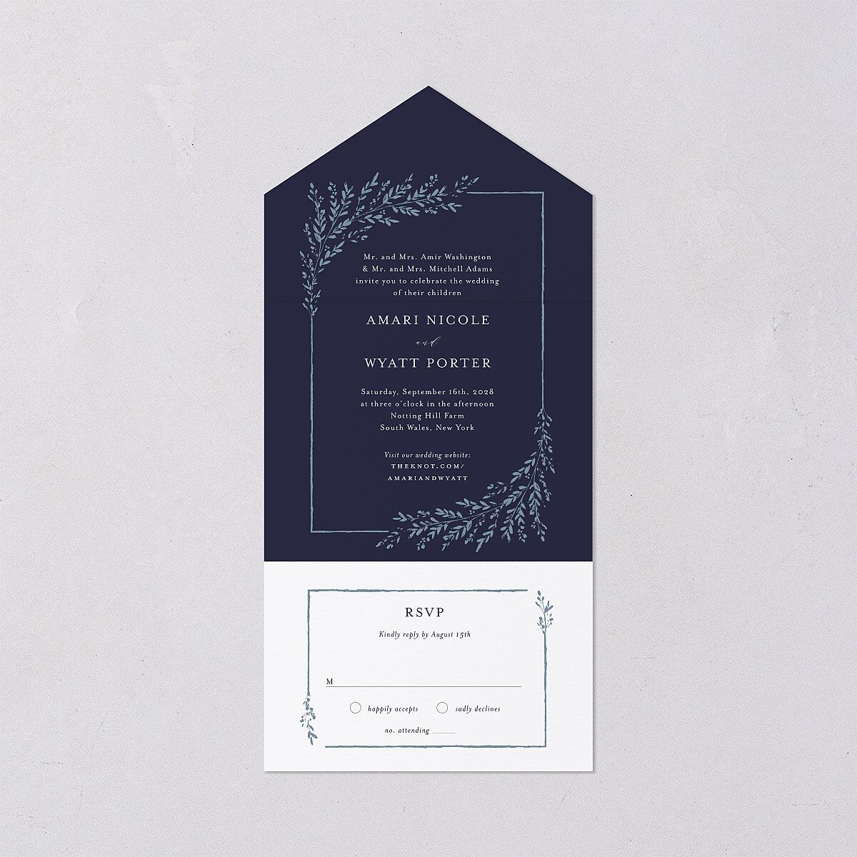 Rustic Branch Frame All-in-One Wedding Invitations Navy Signature Light Both Recipient and Return Addresses No