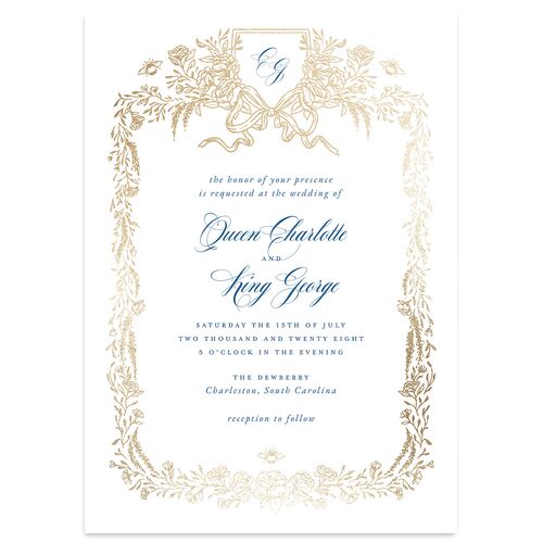 Rose Garden Crest Wedding Invitations by Bridgerton Gold Ink Blue Signature Blank No Standard