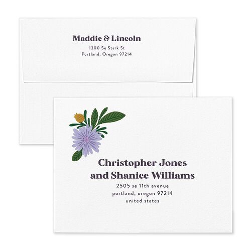 Retro Bloom Save the Date Magnet Envelopes White Lilac Both Recipient and Return Addresses Signature Standard