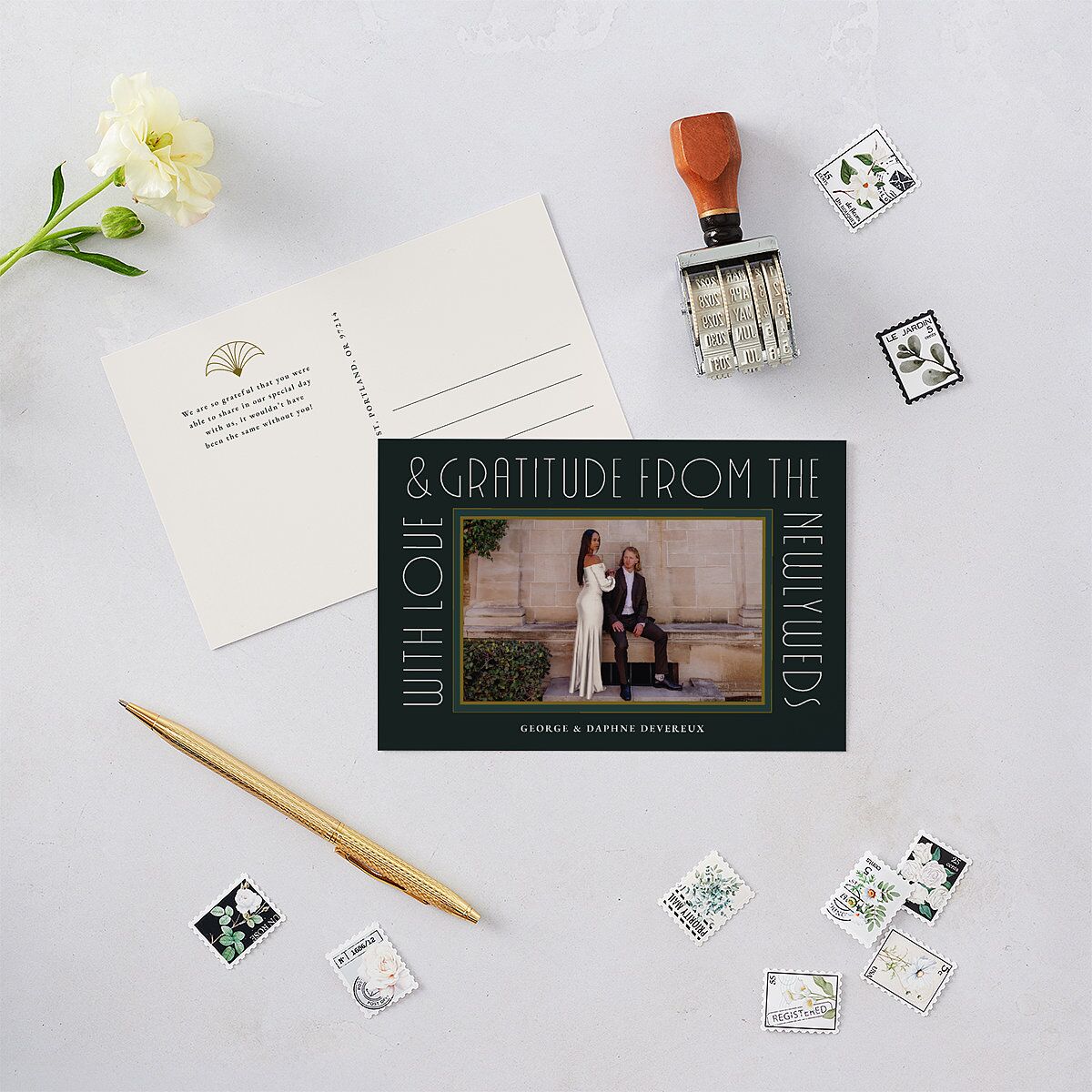 Gatsby Deco Arch Thank You Postcards Dark Emerald