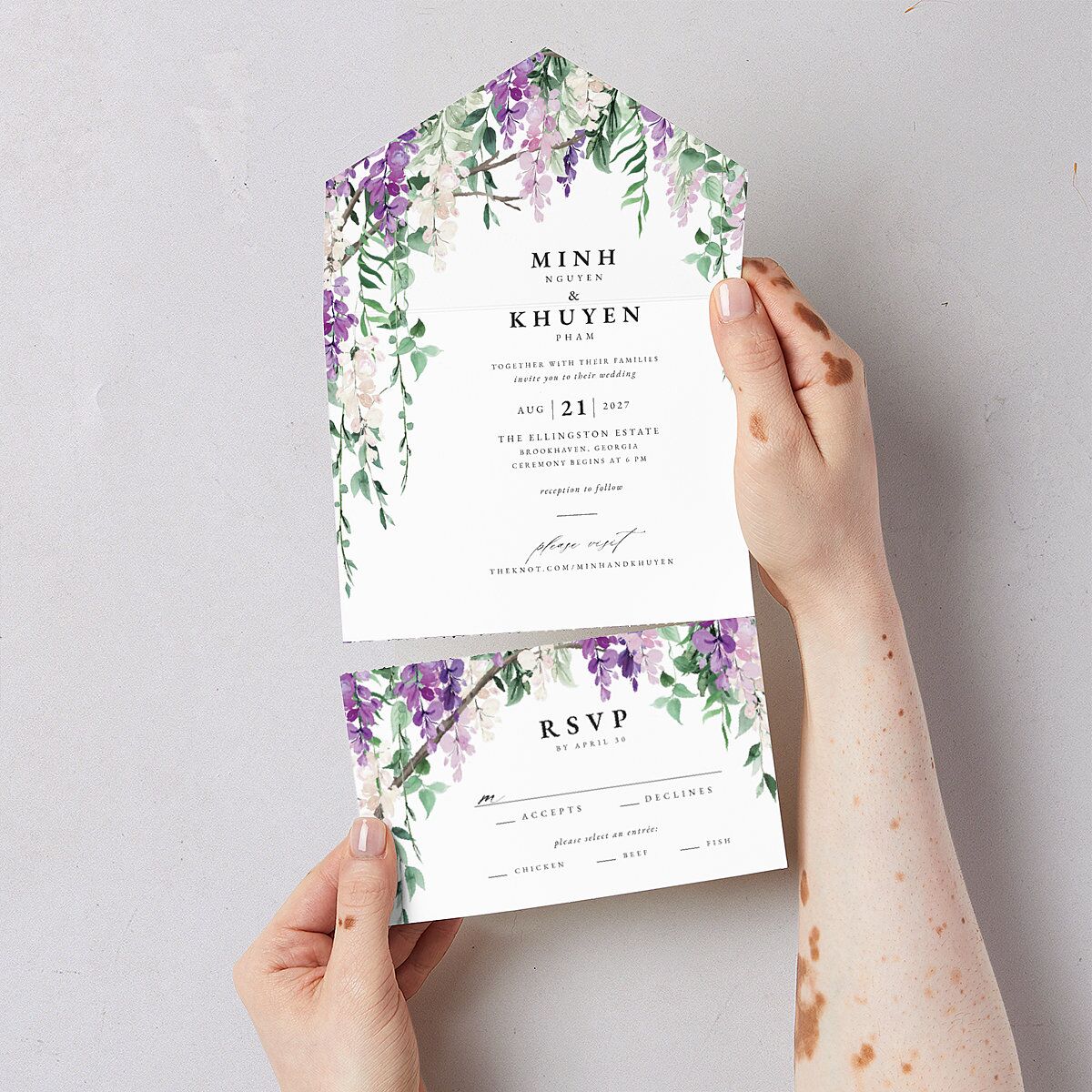 Romantic Wisteria All-in-One Wedding Invitations Purple Petal Signature Light Both Recipient and Return Addresses No